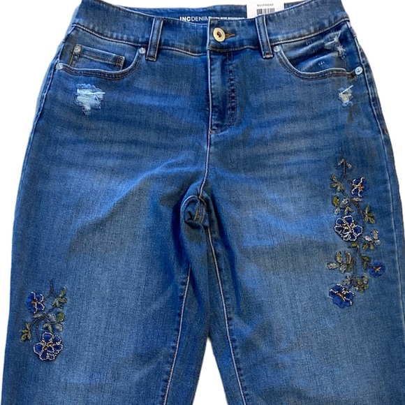 INC International Concepts Denim - 🆕INC DENIM: Boyfriend Fit Jeans/ Distressed with Blue Pansy Beaded Design Sz 6P